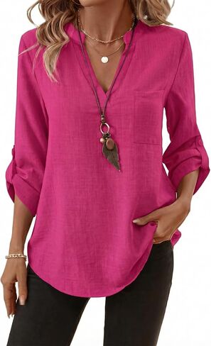 LUSMAY Women's Cotton Casual V Neck Shirt, Loose Fit Lightweight 3/4 Sleeve Blouse, Elegant Solid Color Office Work Top in Saudi Arabia