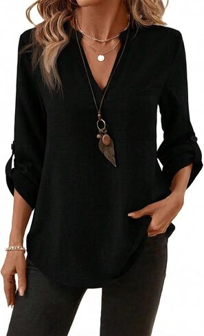 LUSMAY Women's Cotton Casual V Neck Shirt, Loose Fit Lightweight 3/4 Sleeve Blouse, Elegant Solid Color Office Work Top in Saudi Arabia