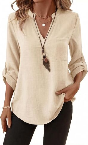 LUSMAY Women's Cotton Casual V Neck Shirt, Loose Fit Lightweight 3/4 Sleeve Blouse, Elegant Solid Color Office Work Top in Saudi Arabia