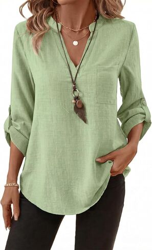 LUSMAY Women's Cotton Casual V Neck Shirt, Loose Fit Lightweight 3/4 Sleeve Blouse, Elegant Solid Color Office Work Top in Saudi Arabia
