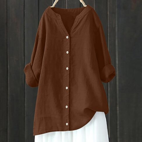Womens Oversized Linen Button Down Shirts Long Sleeve Blouse Tunic Plus Size Late Summer Early Fall Spring Tops in Saudi Arabia