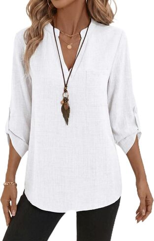LUSMAY Women's Cotton Casual V Neck Shirt, Loose Fit Lightweight 3/4 Sleeve Blouse, Elegant Solid Color Office Work Top in Saudi Arabia