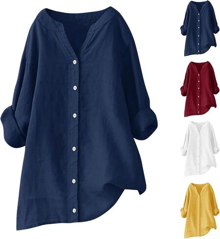Womens Oversized Linen Button Down Shirts Long Sleeve Blouse Tunic Plus Size Late Summer Early Fall Spring Tops in Saudi Arabia