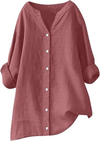 Womens Oversized Linen Button Down Shirts Long Sleeve Blouse Tunic Plus Size Late Summer Early Fall Spring Tops in Saudi Arabia