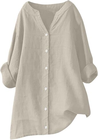 Womens Oversized Linen Button Down Shirts Long Sleeve Blouse Tunic Plus Size Late Summer Early Fall Spring Tops in Saudi Arabia
