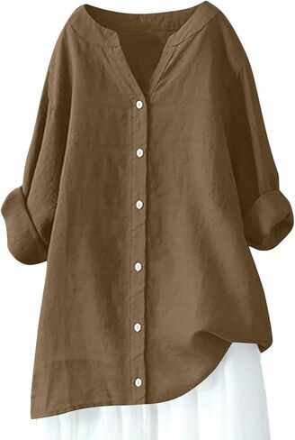Womens Oversized Linen Button Down Shirts Long Sleeve Blouse Tunic Plus Size Late Summer Early Fall Spring Tops in Saudi Arabia