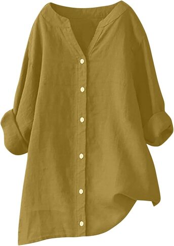Womens Oversized Linen Button Down Shirts Long Sleeve Blouse Tunic Plus Size Late Summer Early Fall Spring Tops in Saudi Arabia