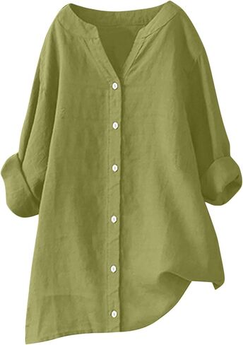 Womens Oversized Linen Button Down Shirts Long Sleeve Blouse Tunic Plus Size Late Summer Early Fall Spring Tops in Saudi Arabia