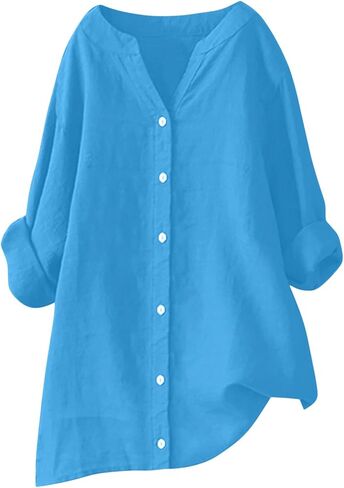 Womens Oversized Linen Button Down Shirts Long Sleeve Blouse Tunic Plus Size Late Summer Early Fall Spring Tops in Saudi Arabia
