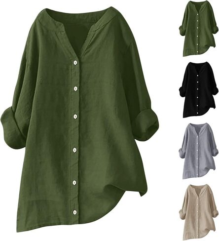 Womens Oversized Linen Button Down Shirts Long Sleeve Blouse Tunic Plus Size Late Summer Early Fall Spring Tops in Saudi Arabia