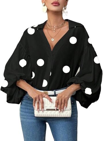 Polka Dot Shirt for Women Spring Summer V Neck Long Lantern Sleeve Tops Casual Collared Button Down Blouse in Saudi Arabia