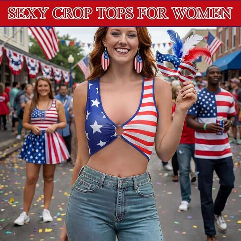 Zoooyawn 250th Anniversary Crop Top American Flag Women 4th of July Sleeveless Sexy Tops USA Patriotic Deep V Neck Crop Top in Kuwait