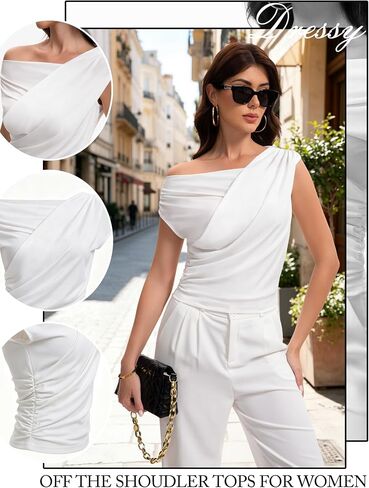 Womens Off Shoulder Wrap Top, Dressy Casual Asymmetrical Going Out Tops Sleeveless Elegant Ruched Work Blouses in Saudi Arabia