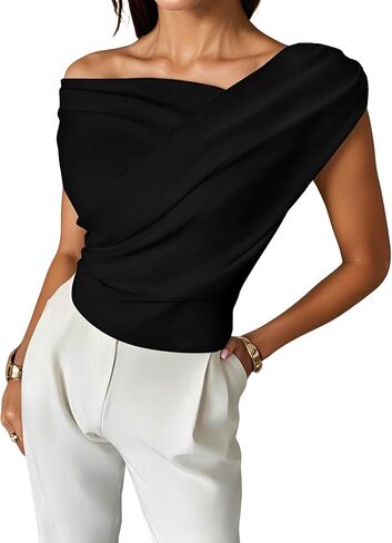 Womens Off Shoulder Wrap Top, Dressy Casual Asymmetrical Going Out Tops Sleeveless Elegant Ruched Work Blouses in Saudi Arabia