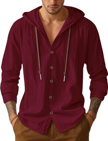 Mens Cotton Linen Button Down Hoodies Long Sleeve Casual Beach Tops Lightweight Fashion Shirt in Kuwait