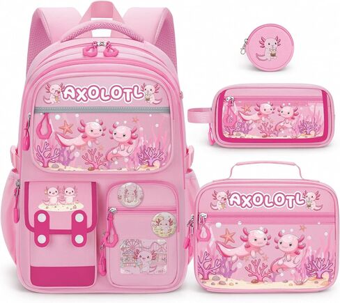 Axolotl Backpack for Girls, 4 PCS Girls Backpack with Lunch Box Set, Cute Kawaii Large Laptop Bookbag, School Bag for Elementary Kids & Teens in Saudi Arabia