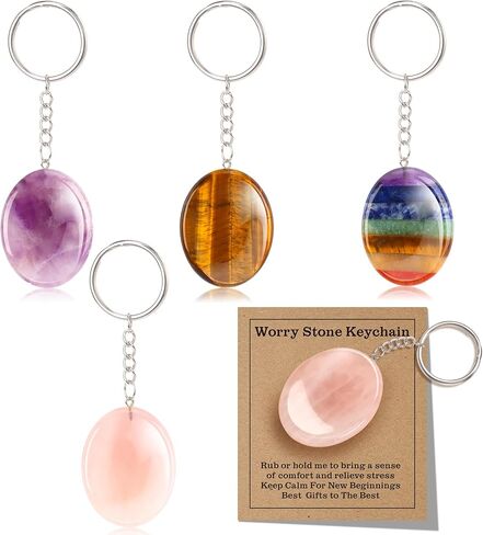 Thumb Worry Stone For Anxiety Keychain Healing Crystal Keychain Amethyst Rose Quartz Tigers Eye with Kraft Cards in Saudi Arabia