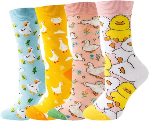 4 Pairs Funny Cartoon Print Cotton Crew Socks for Adult Women Teens in Kuwait