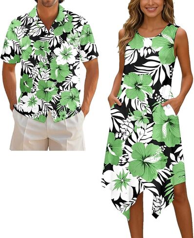 His and Hers Matching Outfits Matching Couple Outfits Sleeveless Dress Hawaiian Button Down Short Sleeve Shirts in Kuwait