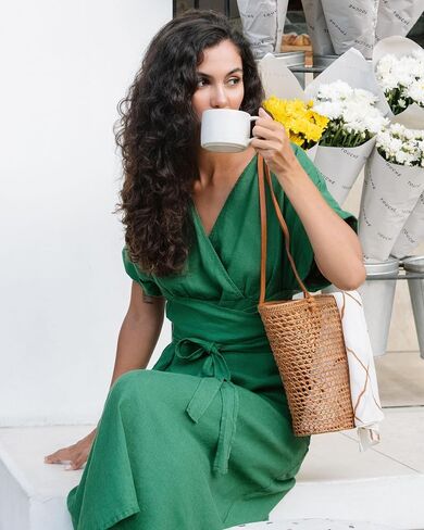 Magic Linen - Green Dress Bohol, Linen Dress for Women, V-Neck Linen Summer Dress, 100% Flax Linen Dress, Linen Midi Dress in Saudi Arabia
