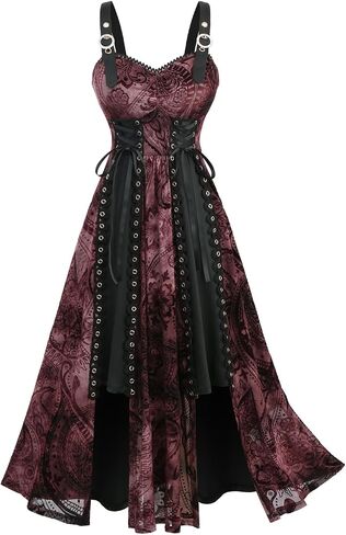DRESSFO Women's Flocking Tie-Dye Mesh Tank Dress – Paisley Floral Lace-Up Midi Dress with Lace Trim and Grommet Detail in Kuwait