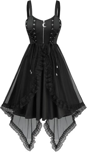 DRESSFO Women Gothic Tank Dress Grommets Lace-up Moon Zipper Floral Lace Asymmetrical Midi Dress in Kuwait