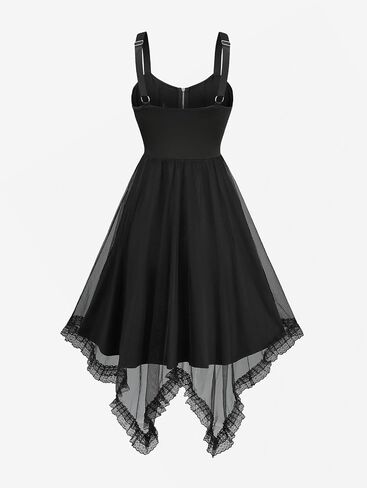 DRESSFO Women Gothic Tank Dress Grommets Lace-up Moon Zipper Floral Lace Asymmetrical Midi Dress in Kuwait