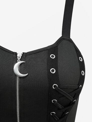 DRESSFO Women Gothic Tank Dress Grommets Lace-up Moon Zipper Floral Lace Asymmetrical Midi Dress in Kuwait