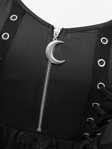 DRESSFO Women Gothic Tank Dress Grommets Lace-up Moon Zipper Floral Lace Asymmetrical Midi Dress in Kuwait