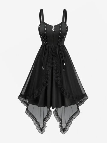 DRESSFO Women Gothic Tank Dress Grommets Lace-up Moon Zipper Floral Lace Asymmetrical Midi Dress in Kuwait