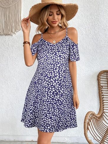 Women's V Neck Cold Shoulder Spaghetti Strap A Line Mini Dress Flowy Casual Sundress for Summer Beach Vacation Daily Wear in Kuwait
