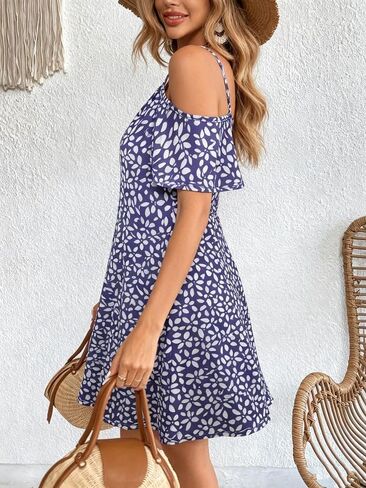 Women's V Neck Cold Shoulder Spaghetti Strap A Line Mini Dress Flowy Casual Sundress for Summer Beach Vacation Daily Wear in Kuwait