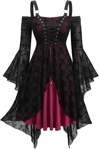 فستان DRESSFO القوطية الشرير من القرون الوسطى على شكل جرس قوطي بأكمام باردة الكتف فستان حفلات الهالوين التنكرية in Kuwait