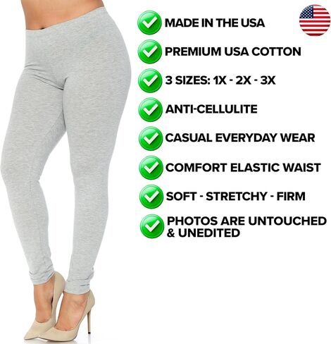 Made in The USA Plus Size Women's Solid Basic Cotton Leggings Heather Grey 3XL in Saudi Arabia
