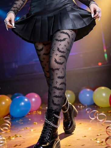 Women's Gothic Tights Fishnet Leggings, Bat & Moon Velvet Sheer Pantyhose, Stockings for Halloween Night Party in Kuwait