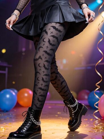Women's Gothic Tights Fishnet Leggings, Bat & Moon Velvet Sheer Pantyhose, Stockings for Halloween Night Party in Kuwait