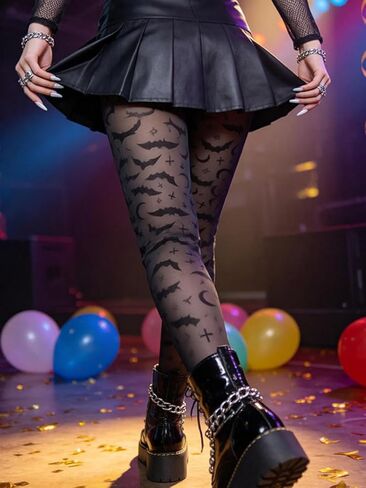 Women's Gothic Tights Fishnet Leggings, Bat & Moon Velvet Sheer Pantyhose, Stockings for Halloween Night Party in Kuwait