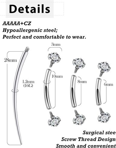Eyebrow Piercing Jewelry Surgical Steel Internal Thread Curved Barbell Tiny Eyebrow Ring Vertical Labret Lip Jewelry Ear Rook Small Belly Button Ring for Women Men 16g 6mm/8mm/10mm in Saudi Arabia