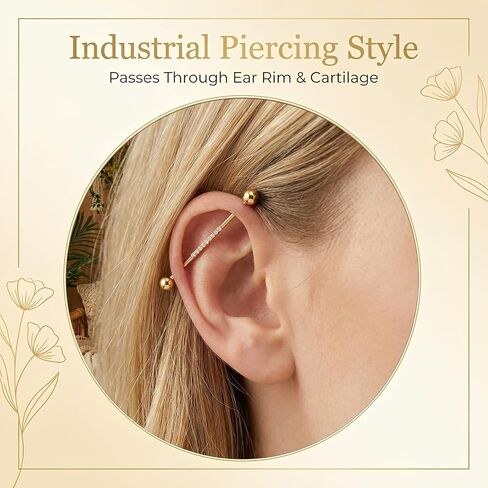 14G Industrial Barbell Earrings – 316L Surgical Steel Cubic Zirconia Cartilage Helix Tragus Piercing Jewelry Set, 2 Pcs Long Bar Body Jewelry for Women Men in Saudi Arabia