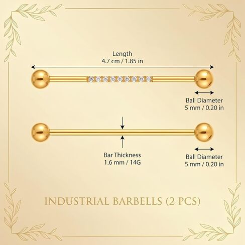 14G Industrial Barbell Earrings – 316L Surgical Steel Cubic Zirconia Cartilage Helix Tragus Piercing Jewelry Set, 2 Pcs Long Bar Body Jewelry for Women Men in Saudi Arabia