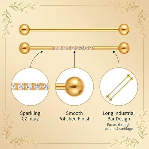 14G Industrial Barbell Earrings – 316L Surgical Steel Cubic Zirconia Cartilage Helix Tragus Piercing Jewelry Set, 2 Pcs Long Bar Body Jewelry for Women Men in Saudi Arabia