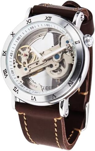 YOURTIME Skeleton Mechanical Watch for Men and Women – Automatic Transparent Black Dial, Brown Handmade Genuine Leather Strap, Vintage Steampunk Style in Kuwait