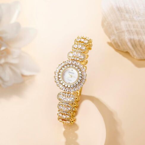 EAMTI Gold Watches for Women Luxury Simulated Diamond Quartz Iced Out Round Waterproof Ladies Dainty Wrist Watches in Kuwait