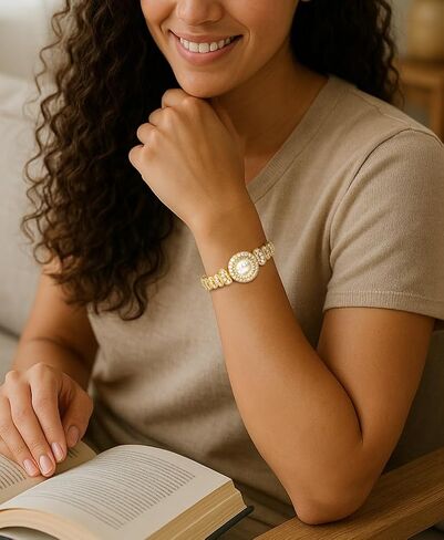 EAMTI Gold Watches for Women Luxury Simulated Diamond Quartz Iced Out Round Waterproof Ladies Dainty Wrist Watches in Kuwait