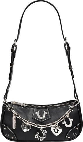 True Religion Shoulder Bag, Horseshoe Chain Purse with Crystal Patch, Logo Charms, Adjustable Strap and Gold Hardware, Black in Kuwait