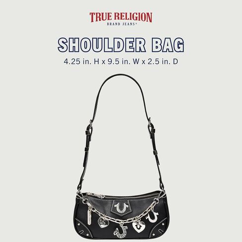 True Religion Shoulder Bag, Horseshoe Chain Purse with Crystal Patch, Logo Charms, Adjustable Strap and Gold Hardware, Black in Kuwait