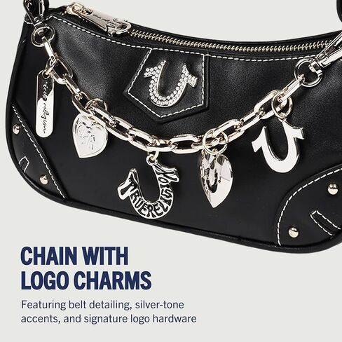 True Religion Shoulder Bag, Horseshoe Chain Purse with Crystal Patch, Logo Charms, Adjustable Strap and Gold Hardware, Black in Kuwait