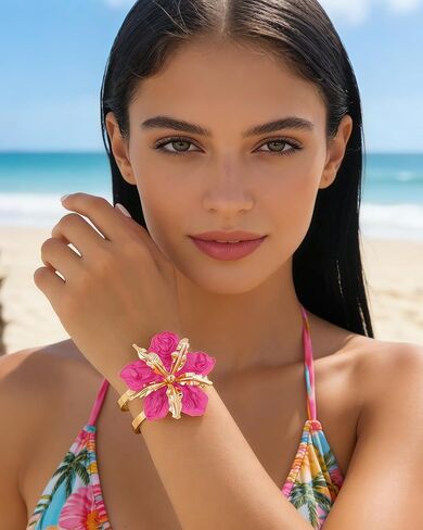 Hot Pink Flower Bracelet for Women Chunky Hot Pink Flower Bangle Bracelet Trendy Adjustable Floral Cuff Spring Summer Beach Hawaiian Ocean Jewelry Accessories Dress Outfits in Saudi Arabia