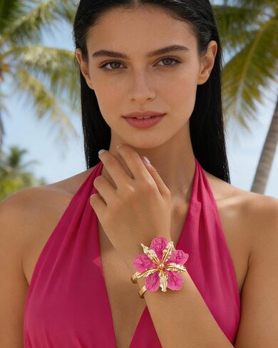 Hot Pink Flower Bracelet for Women Chunky Hot Pink Flower Bangle Bracelet Trendy Adjustable Floral Cuff Spring Summer Beach Hawaiian Ocean Jewelry Accessories Dress Outfits in Saudi Arabia