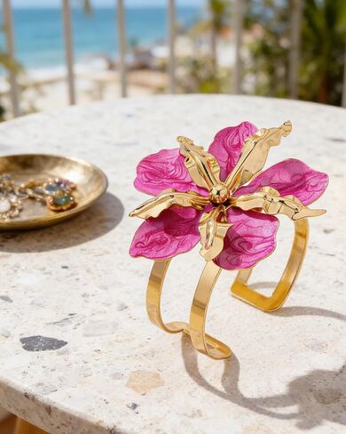 Hot Pink Flower Bracelet for Women Chunky Hot Pink Flower Bangle Bracelet Trendy Adjustable Floral Cuff Spring Summer Beach Hawaiian Ocean Jewelry Accessories Dress Outfits in Saudi Arabia